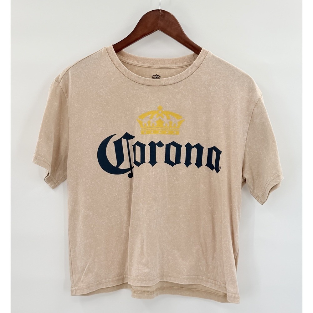⁠Corona Extra Beer Logo Graphic Crop Tee L Heather Tan Indie Sleaze Skater Y2K⁠